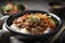 A spicy beef bulgogi bowl with tender strips of beef, crisp vegetables, and a spicy sauce is served over a bed of rice. 